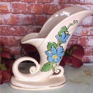 Antique 1940s Hull Pottery Blush Pink and Blue Magnolia Cornucopia Pottery Vase